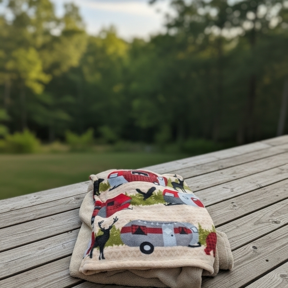 Cozy Blanket with Camper and Deer Design Pocket (EUC)